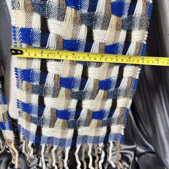 Italian Woven Lambswool‎ Scarf Unisex 32”x9 Tassel Textured Blue Tan Fall Winter - Picture 6 of 8